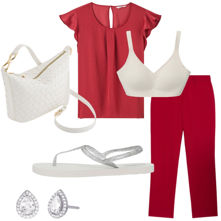 Outfit donna - W il rosso. Stile Glamour per Tutti i giorni. Abbinamento con sandali, reggiseni, bluse, orecchini, pantaloni, borse a tracolla.