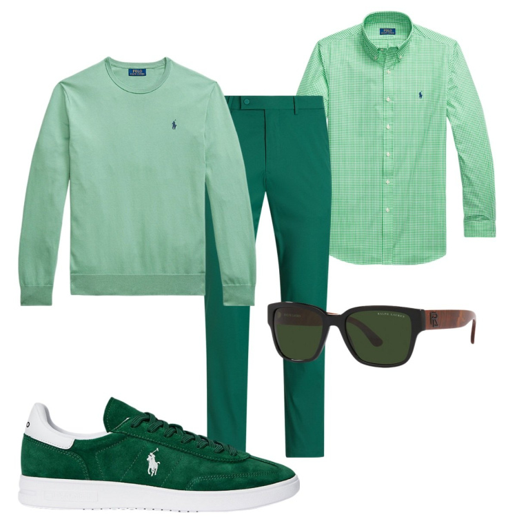 Outfit uomo - Total look #2106448. Stile Trendy per Tutti i giorni. Abbinamento con maglieria, occhiali da sole, camicie, pantaloni, sneakers.