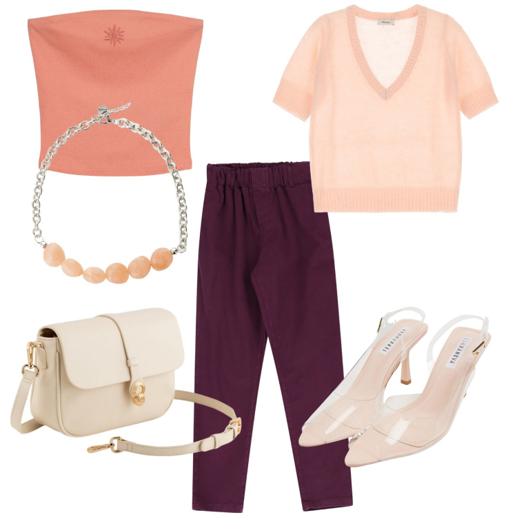 Outfit donna - Total look #2106452. Stile Casual chic per Tutti i giorni. Abbinamento con sandali col tacco, top, pantaloni chino, maglieria, collane, borse a tracolla.