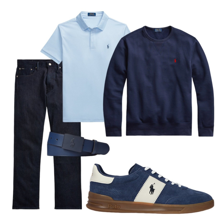 Outfit uomo - Total look #2106455. Stile Trendy per Tutti i giorni. Abbinamento con felpe, polo, jeans dritti, cinture, sneakers.