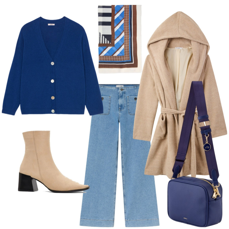 Outfit donna - Total look #2106457. Stile Casual chic per Tutti i giorni. Abbinamento con stivaletti, jeans, cappotti, foulard, borse a tracolla, cardigans.