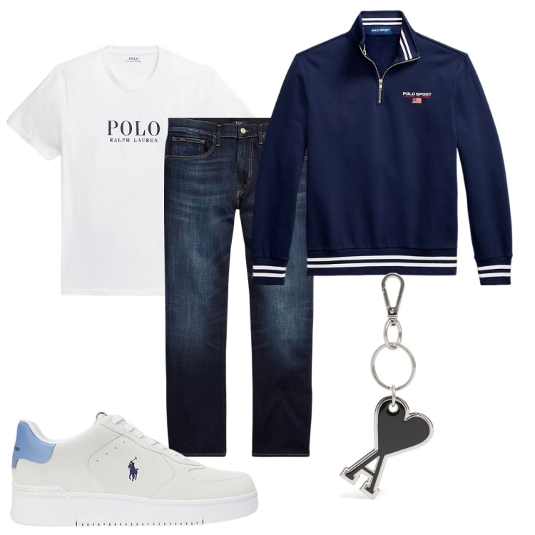 Outfit uomo - Total look #2106462. Stile Casual per Tutti i giorni. Abbinamento con jeans dritti, t-shirt, sneakers, felpe, portachiavi.