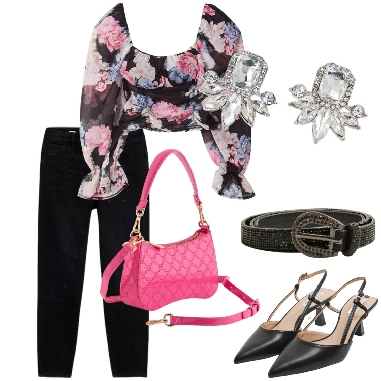 Outfit donna - Total look #2106468. Stile Vintage retrò per Serata fuori. Abbinamento con sabot, bluse, cinture, orecchini, borse a tracolla, jeans skinny.