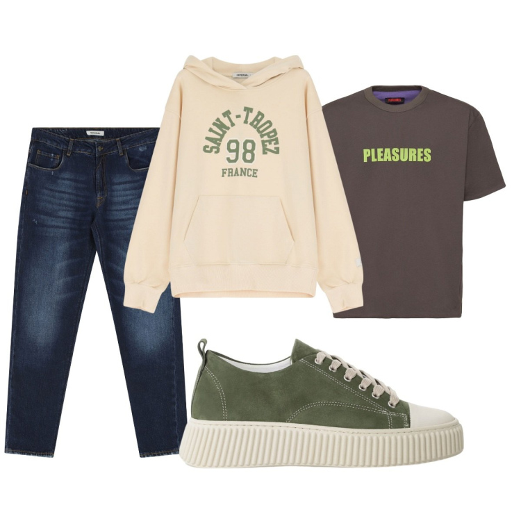 Outfit uomo - Total look #2106469. Stile Trendy per Tutti i giorni. Abbinamento con sneakers, felpe con cappuccio, jeans dritti, t-shirt.