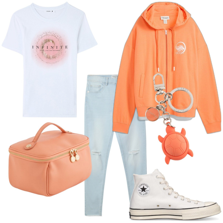 Outfit donna - Il mio beauty. Stile Casual per Tutti i giorni. Abbinamento con felpe con cappuccio, jeans strappati, t-shirt, sneakers, portachiavi, valigie.