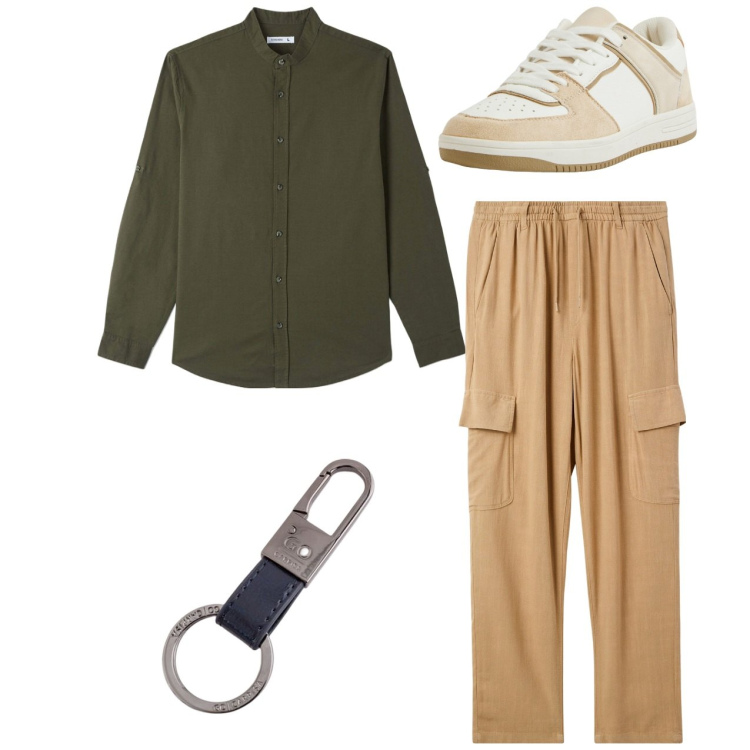 Outfit uomo - Total look. Stile Casual per Tutti i giorni. Abbinamento con camicie, pantaloni cargo, sneakers, portachiavi.