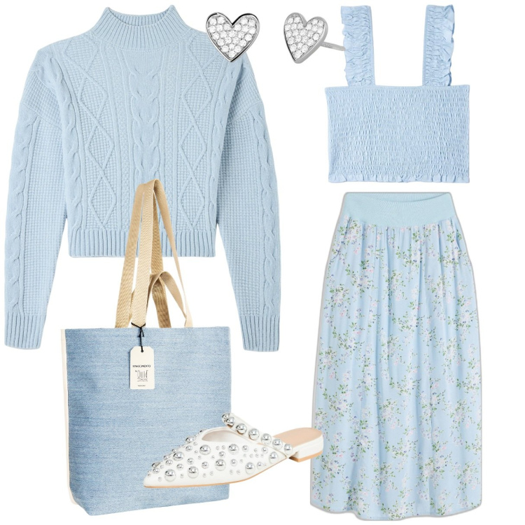 Outfit donna - Azzurro e... Stile Casual per Tutti i giorni. Abbinamento con gonne lunghe, ballerine, top, maglieria, orecchini, borse tote.