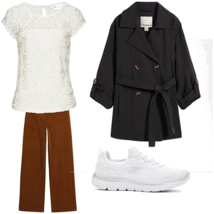 Outfit donna - Aperitivo. Stile Trendy per Tutti i giorni. Abbinamento con maglieria, trench, pantaloni, sneakers.