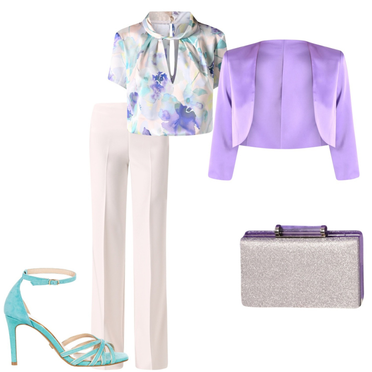 Outfit donna - Cerimonia in primavera. Stile Chic per Cerimonia. Abbinamento con pantaloni a palazzo, sandali col tacco, bluse, pochette, bolero.
