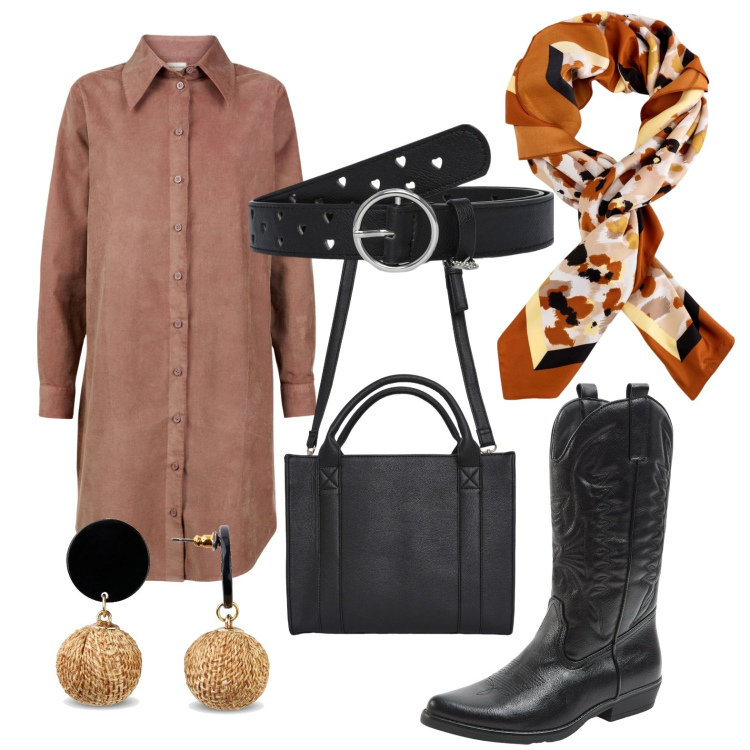 Outfit donna - Mix and match. Stile Casual per Tutti i giorni. Abbinamento con orecchini, cinture, borse tote, stivali, vestiti chemisier, foulard.