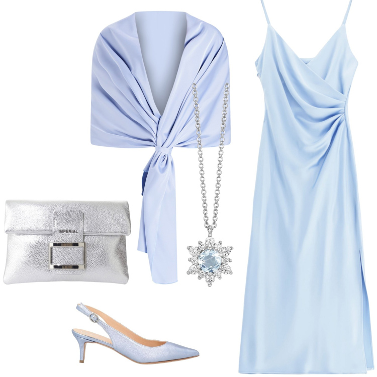 Outfit donna - Etereo. Stile Chic per Serata fuori. Abbinamento con décolleté, collane, stole, vestiti midi/longuette, pochette.