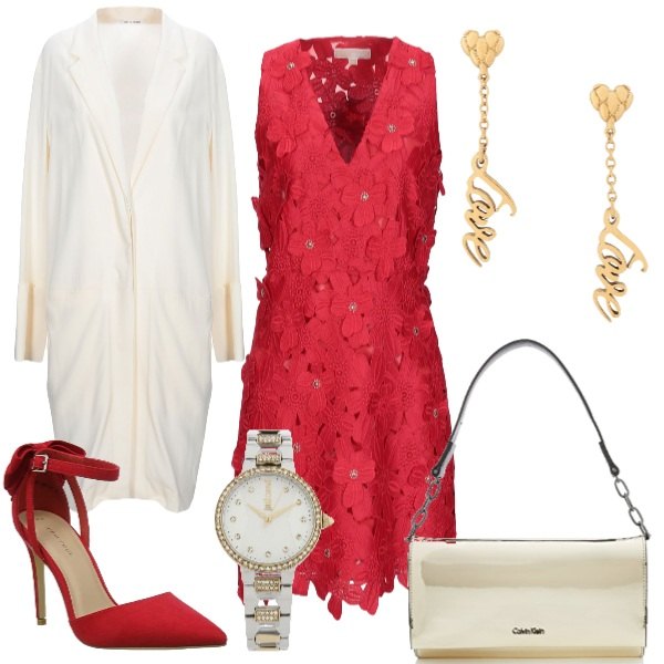 Outfit donna - #CHRISTMASISCOMING - 12 dicembre. Stile Chic per Serata fuori. Abbinamento con vestiti corti, orecchini con farfallina, soprabito collo con revers a maniche lunghe crêpe, orologio con strass e cinturino, scarpe col tacco rosso, clutch.