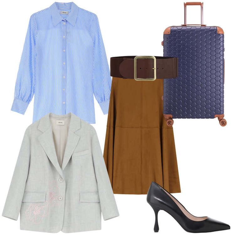 Outfit donna - Viaggio di lavoro in Dixie. Stile Urban per Tutti i giorni. Abbinamento con décolleté, blazer, gonne longuette, cinture, camicie, valigie.