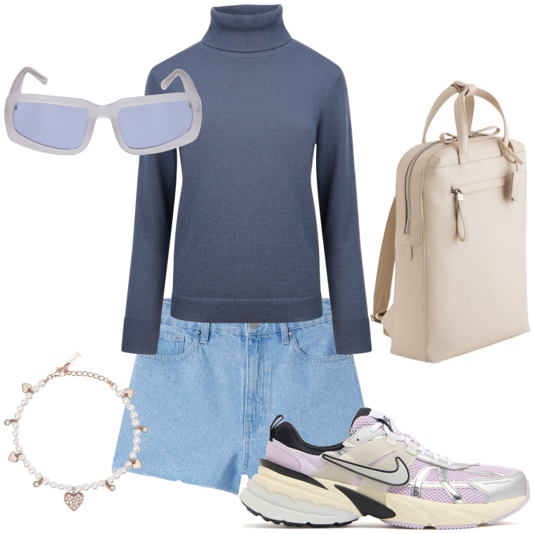 Outfit donna - Libera alla domenica mattina. Stile Basic per Tutti i giorni. Abbinamento con shorts, braccialetti, maglieria, occhiali da sole, sneakers, zaini.