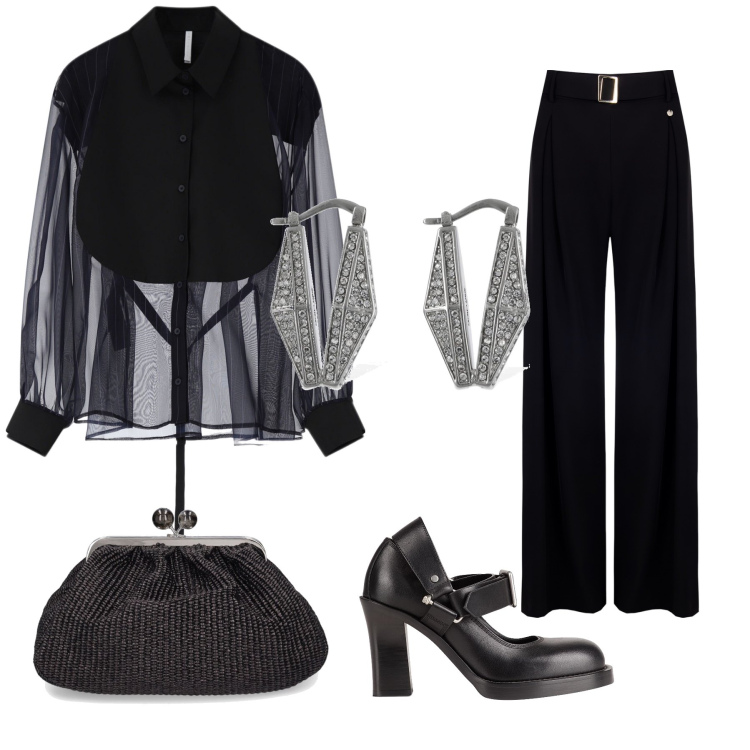 Outfit donna - Trasparenze sul nero. Stile Glamour per Serata fuori. Abbinamento con décolleté, pantaloni, camicie, orecchini, pochette.