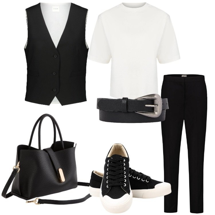 Outfit donna - Bantoa - Mid Season Sale. Stile Casual per Tutti i giorni. Abbinamento con pantaloni, gilet, sneakers, cinture, borse a mano, t-shirt.