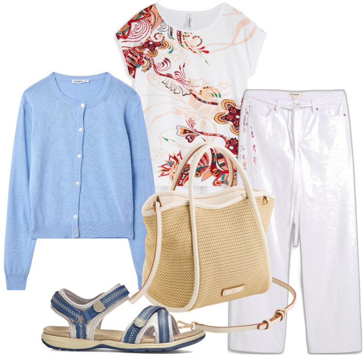 Outfit donna - Giornata relax. Stile Minimal per Tutti i giorni. Abbinamento con maglieria, sandali, jeans, cardigans, borse a mano.