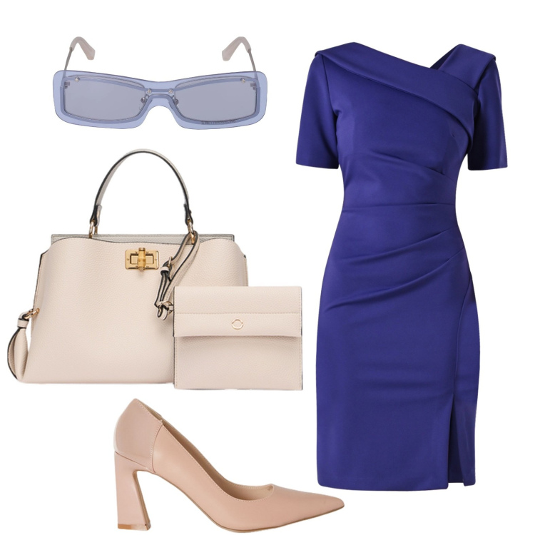 Outfit donna - Tubino mirtillo. Stile Chic per Ufficio. Abbinamento con vestiti a tubino, occhiali da sole, borse a mano, décolleté.