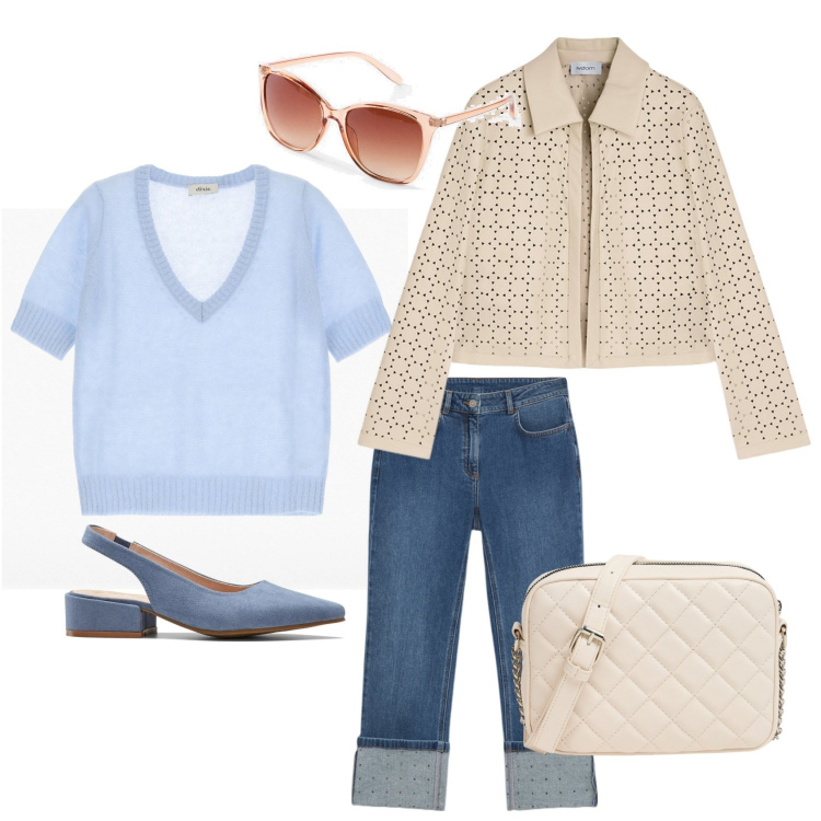 Outfit donna - Total look #2106554. Stile Casual chic per Tutti i giorni. Abbinamento con décolleté, occhiali da sole, borse a tracolla, maglieria, jeans, blazer.