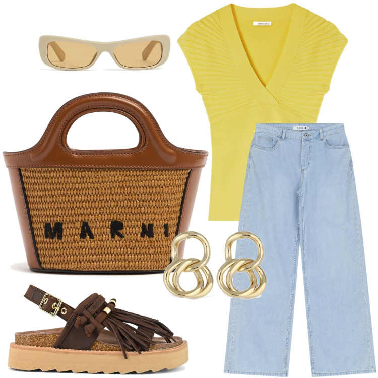 Outfit donna - Stilosa al mercato. Stile Minimal per Tutti i giorni. Abbinamento con jeans, sandali, orecchini, borse a mano, t-shirt, occhiali da sole.