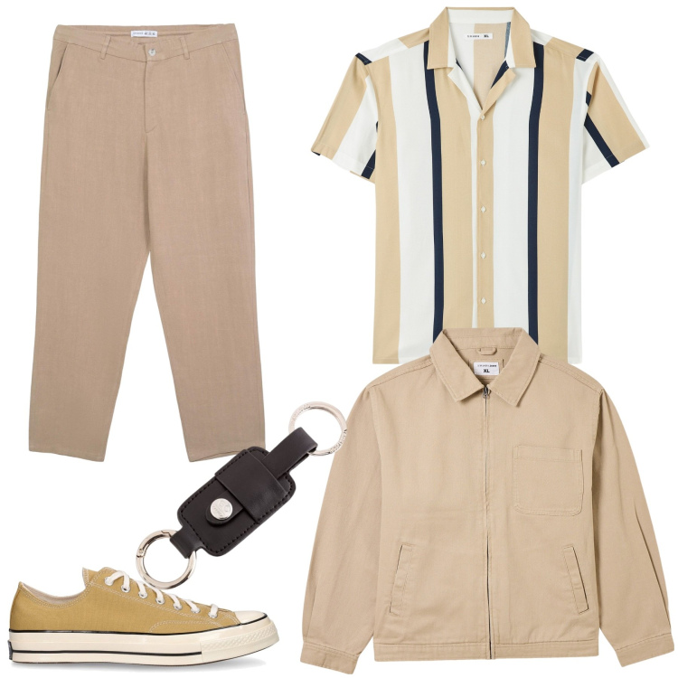 Outfit uomo - Vintage look con accessorio in pelle. Stile Casual per Tutti i giorni. Abbinamento con camicie a manica corta, pantaloni chino, giacche, sneakers, portachiavi.