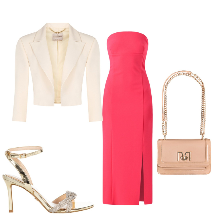 Outfit donna - In corallo. Stile Glamour per Cerimonia. Abbinamento con vestiti midi/longuette, borse a tracolla, sandali col tacco, bolero.