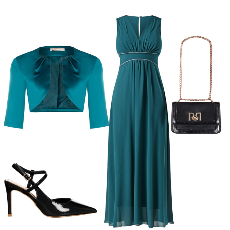 Outfit donna - In ottanio. Stile Glamour per Cerimonia. Abbinamento con vestiti lunghi, bolero, décolleté, borse a tracolla.