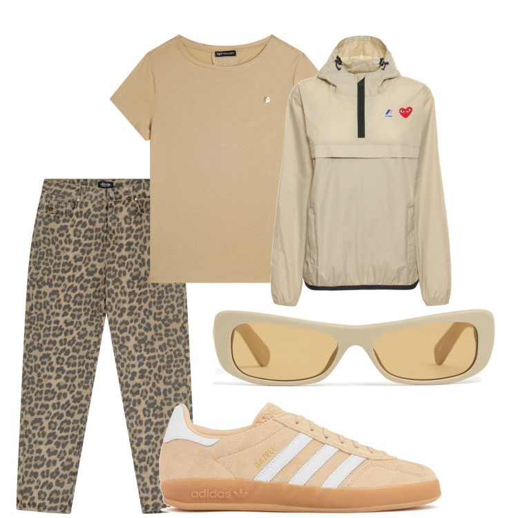 Outfit donna - A spasso per la città. Stile Basic per Tutti i giorni. Abbinamento con t-shirt, pantaloni, sneakers, occhiali da sole, blazer.