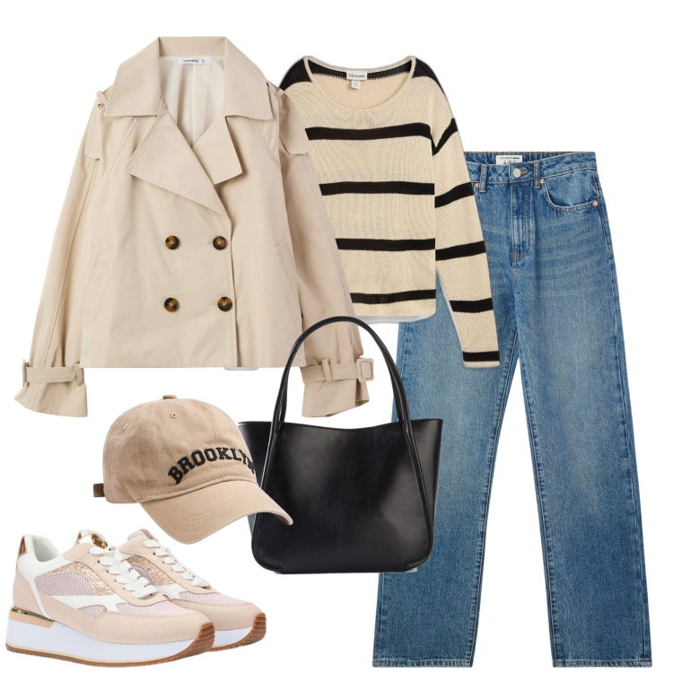 Outfit donna - Il trench corto Terranova. Stile Casual per Tutti i giorni. Abbinamento con shopping bag, maglieria, trench, jeans dritti, cappelli, sneakers.