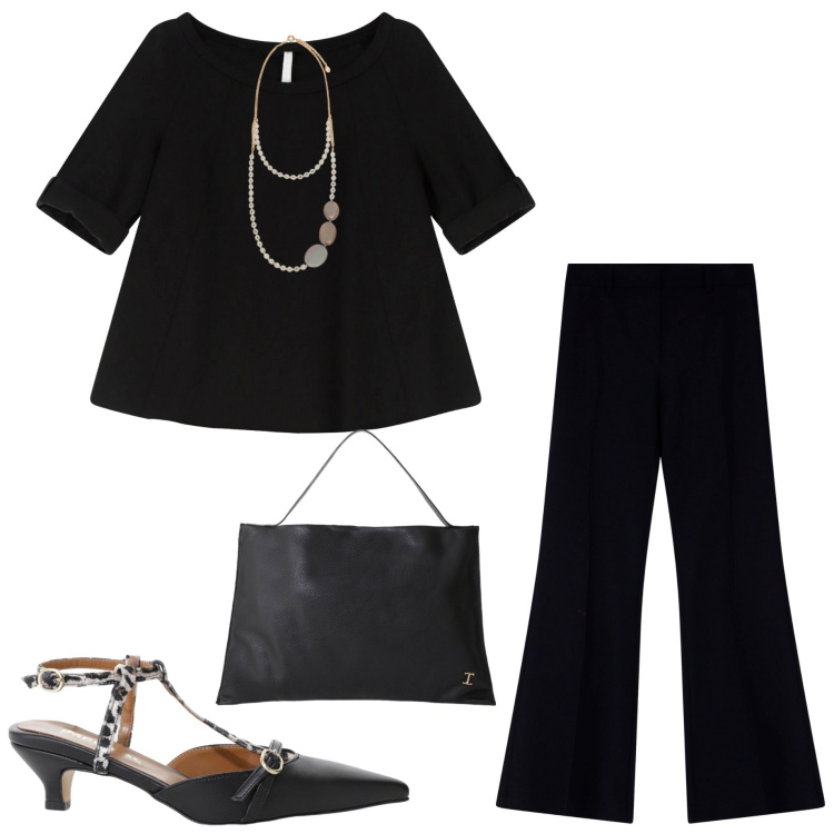 Outfit donna - Eleganza del nero. Stile Minimal per Serata fuori. Abbinamento con décolleté, borse a spalla, t-shirt, pantaloni, collane.