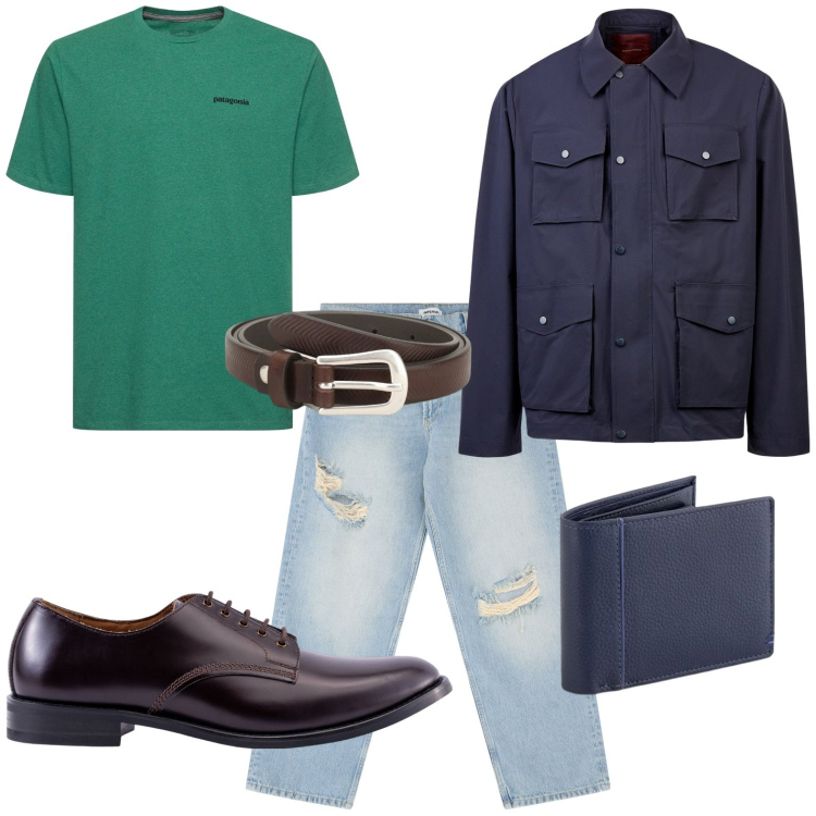Outfit uomo - Denim strappato. Stile Casual per Tutti i giorni. Abbinamento con cinture, jeans strappati, giacche, scarpe stringate, t-shirt, portafogli.
