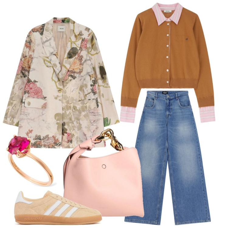 Outfit donna - Spring vibes. Stile Casual chic per Tutti i giorni. Abbinamento con borse a mano, jeans, blazer, cardigans, anelli, sneakers.