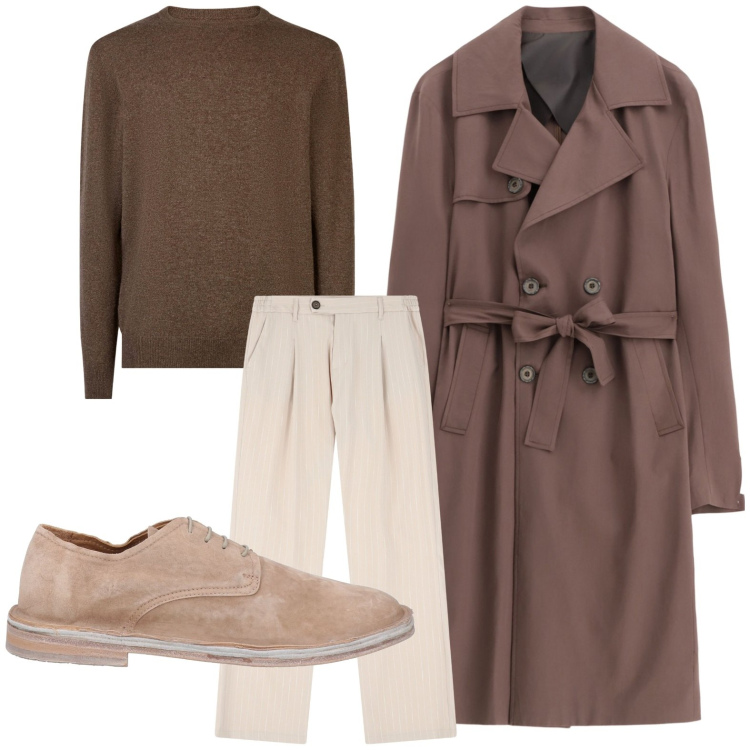 Outfit uomo - Il trench lungo. Stile Trendy per Tutti i giorni. Abbinamento con scarpe stringate, pantaloni, trench, maglieria.