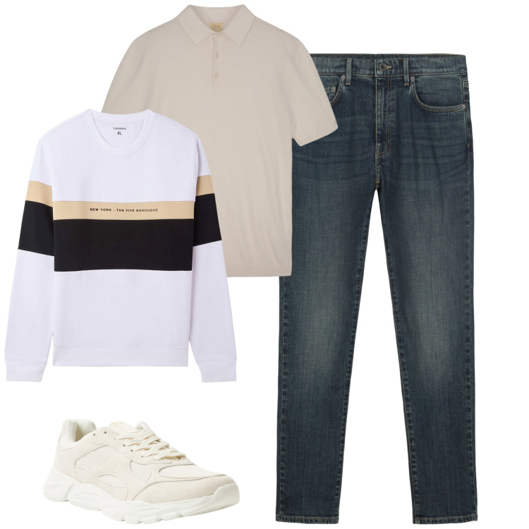 Outfit uomo - City. Stile Casual per Tutti i giorni. Abbinamento con felpe con cappuccio, sneakers, jeans, polo.