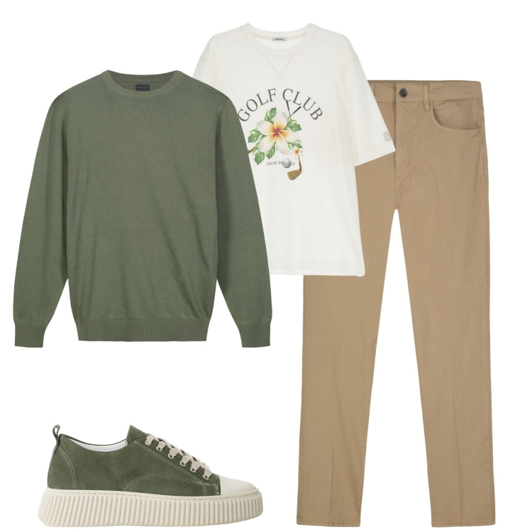 Outfit uomo - City. Stile Casual per Tutti i giorni. Abbinamento con sneakers, t-shirt, maglieria, pantaloni.