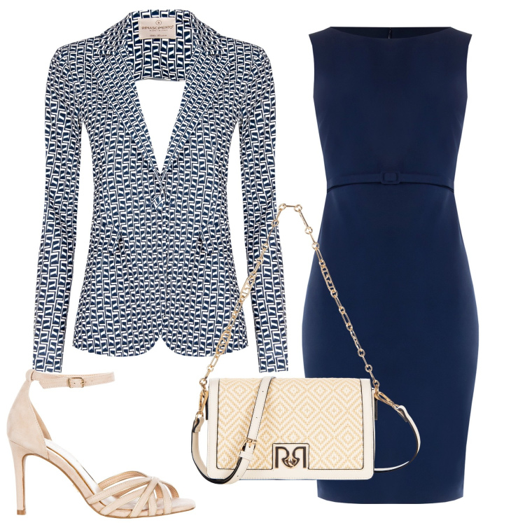 Outfit donna - Elegante in blu. Stile Bon Ton per Cerimonia. Abbinamento con vestiti a tubino, sandali col tacco, blazer, borse a tracolla.