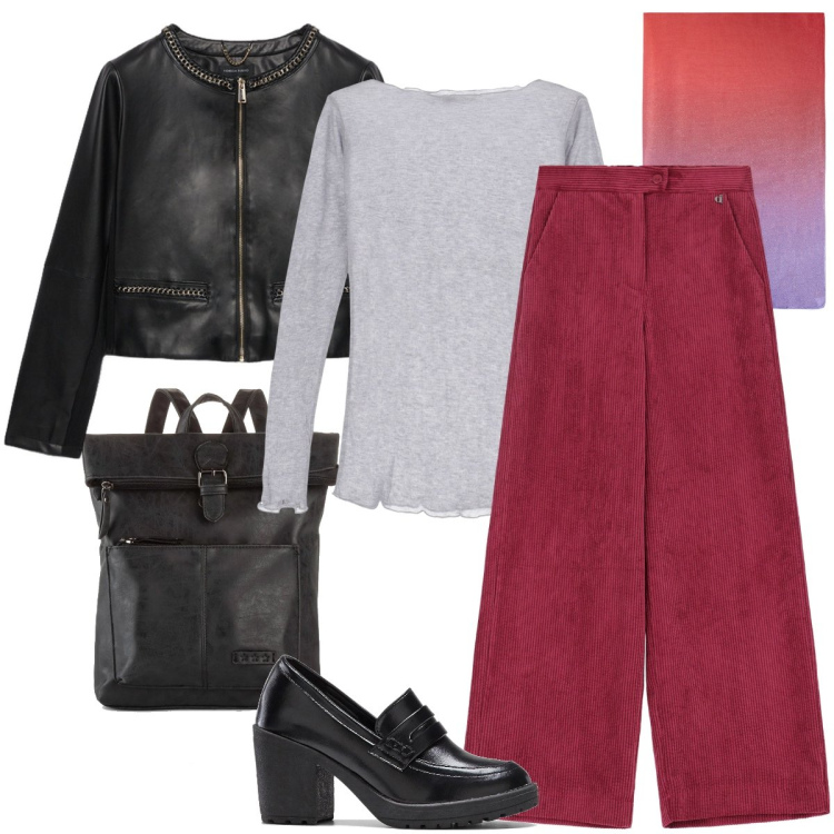 Outfit donna - Il pantalone in velluto. Stile Casual chic per Ufficio. Abbinamento con zaini, mocassini, pantaloni, maglieria, stole, blazer.