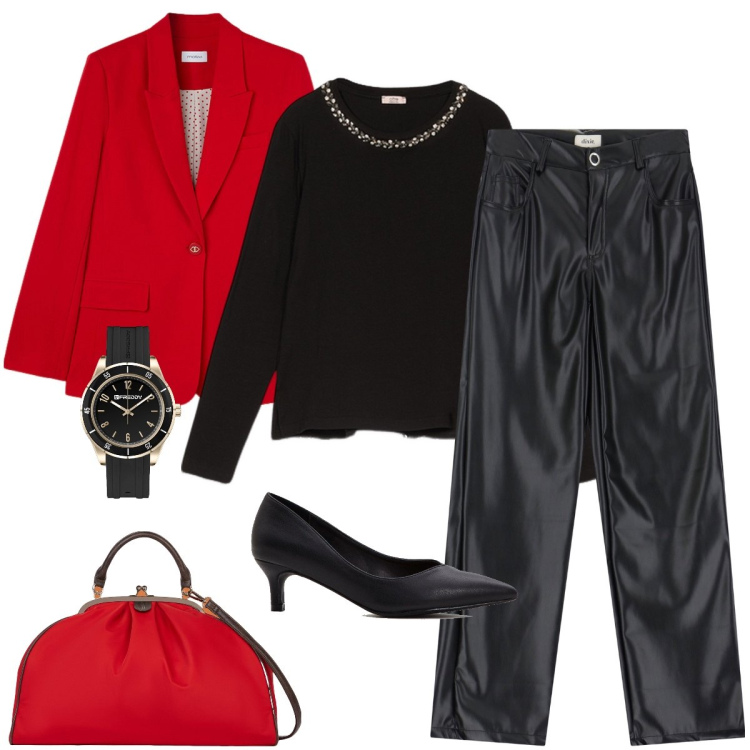Outfit donna - Rosso e nero. Stile Bon Ton per Serata fuori. Abbinamento con décolleté, orologi, pantaloni, blazer, borse a spalla, t-shirt.