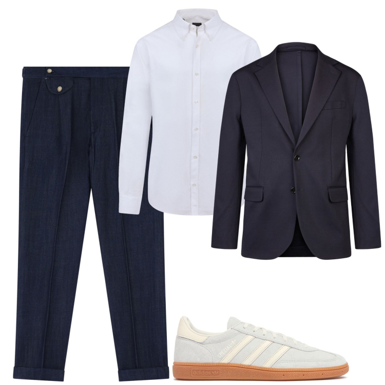 Outfit uomo - I pantaloni effetto denim in ufficio. Stile Urban per Ufficio. Abbinamento con jeans, giacche, camicie, sneakers.