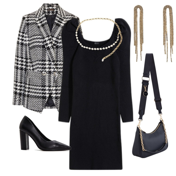 Outfit donna - Sofisticata. Stile Bon Ton per Serata fuori. Abbinamento con vestiti, blazer, décolleté, orecchini, collane, borse a tracolla.