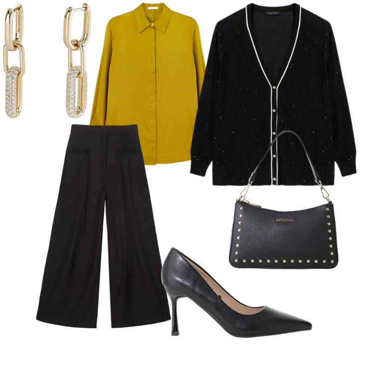 Outfit donna - È tempo di cardigan. per Ufficio. Abbinamento con orecchini, décolleté, borse a spalla, cardigans, pantaloni, camicie.