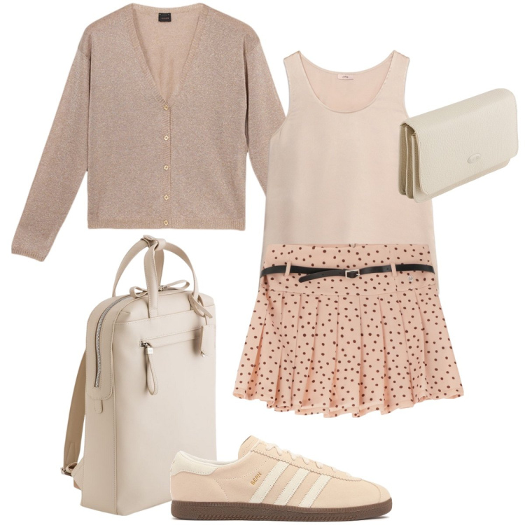 Outfit donna - Un po’ di leggerezza. Stile Preppy per Tutti i giorni. Abbinamento con minigonne, sneakers, cardigans, zaini, top, portafogli.