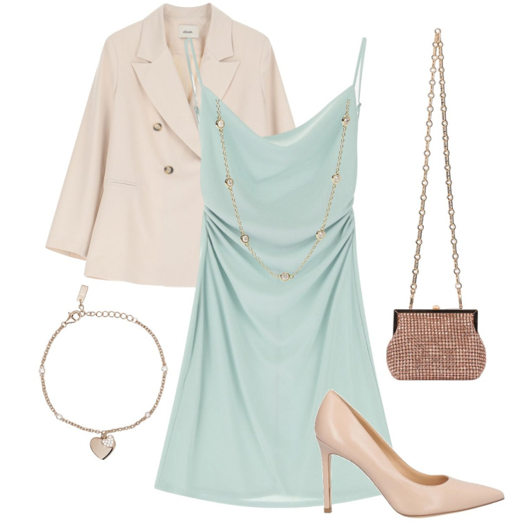 Outfit donna - La damigella della sposa. Stile Romantica per Cerimonia. Abbinamento con décolleté, vestiti corti, collane, braccialetti con ciondoli, blazer, clutch.