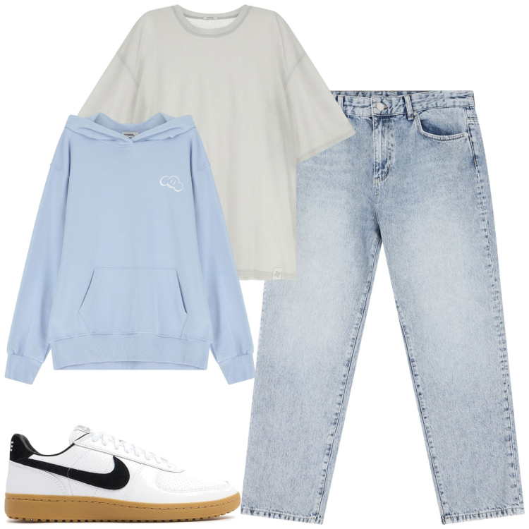 Outfit uomo - City. Stile Casual per Tutti i giorni. Abbinamento con t-shirt, jeans dritti, felpe con cappuccio, sneakers.