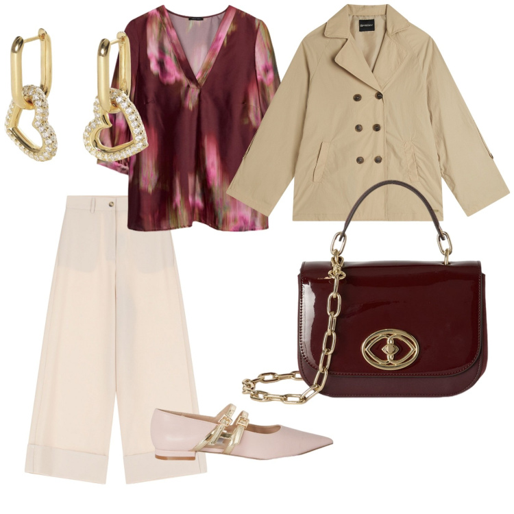 Outfit donna - Le belle ballerine. per Tutti i giorni. Abbinamento con orecchini, pantaloni a palazzo, trench, bluse, ballerine, borse a tracolla.