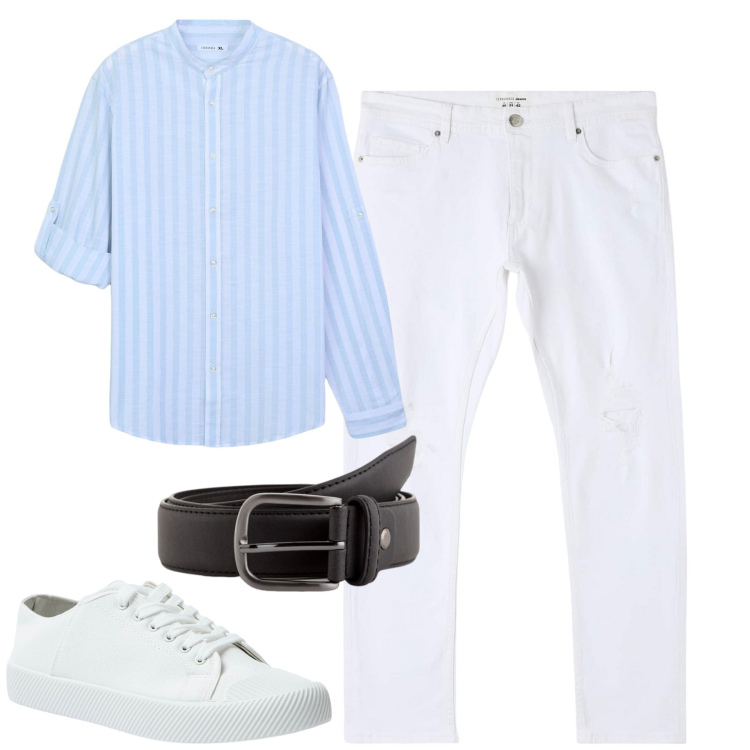 Outfit uomo - Serata. Stile Trendy per Serata speciale. Abbinamento con camicie, jeans strappati, sneakers, cinture.