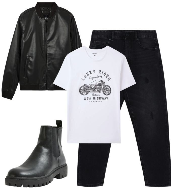 Outfit uomo - City. Stile Biker Rock per Tutti i giorni. Abbinamento con bomber, stivali e stivaletti, t-shirt, jeans strappati.