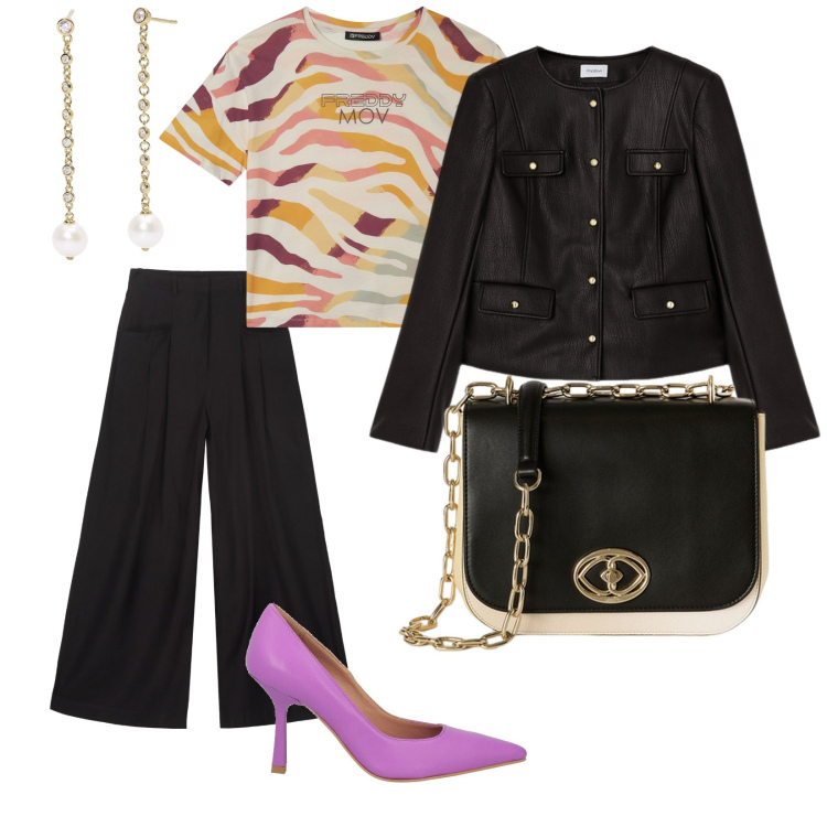 Outfit donna - Stasera apericena. per Serata fuori. Abbinamento con décolleté, orecchini, t-shirt, blazer, pantaloni, borse a tracolla.
