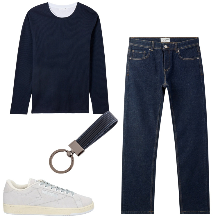 Outfit uomo - City. Stile Casual per Tutti i giorni. Abbinamento con sneakers, jeans, maglieria, portachiavi.