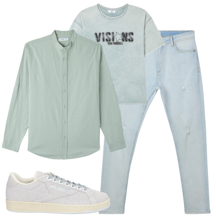 Outfit uomo - City. Stile Casual per Tutti i giorni. Abbinamento con sneakers, camicie, t-shirt, jeans strappati.